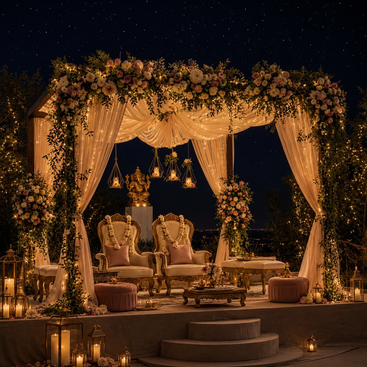A candlelit mandap draped in florals