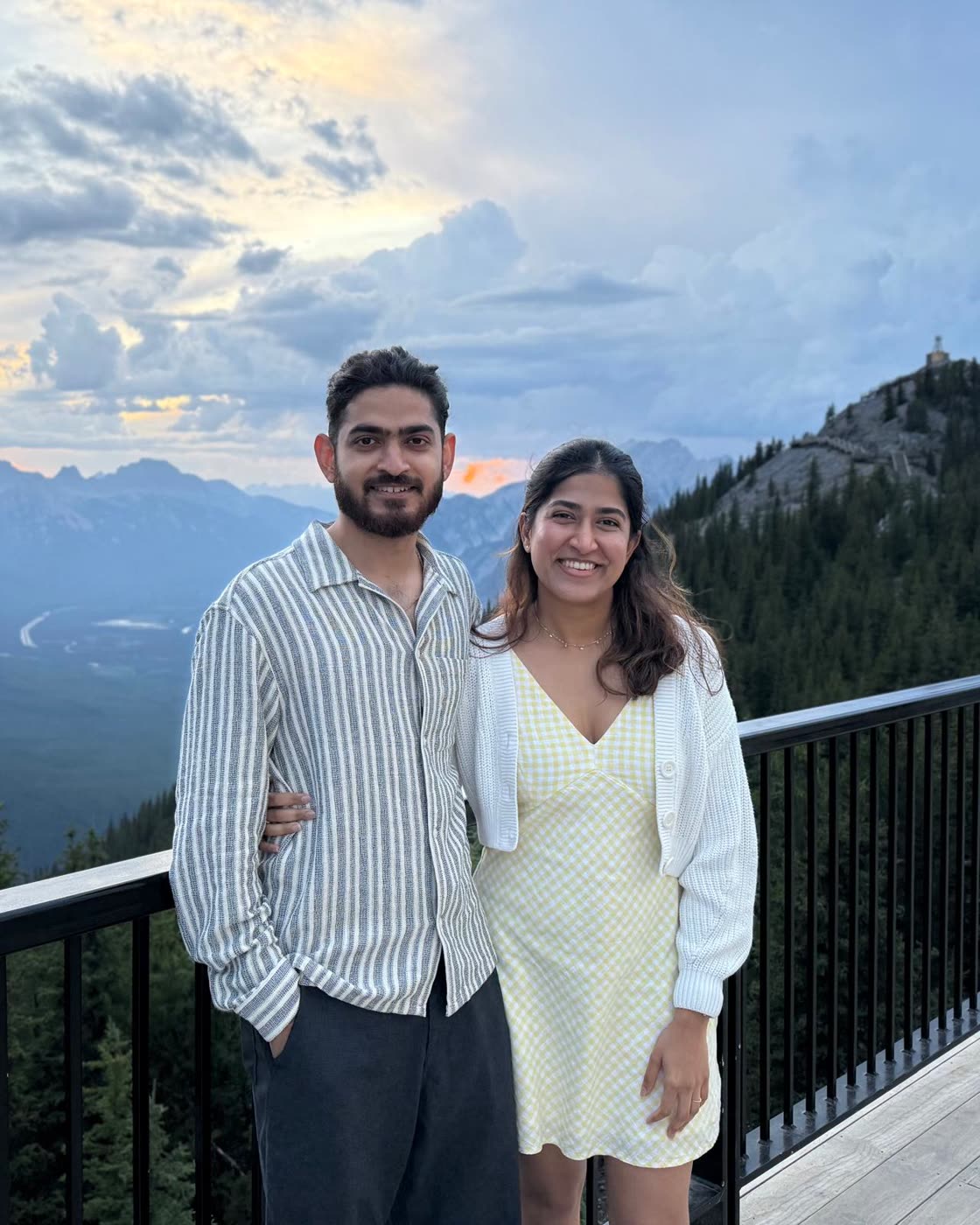 Abirami and Prateek in the mountains at sunset